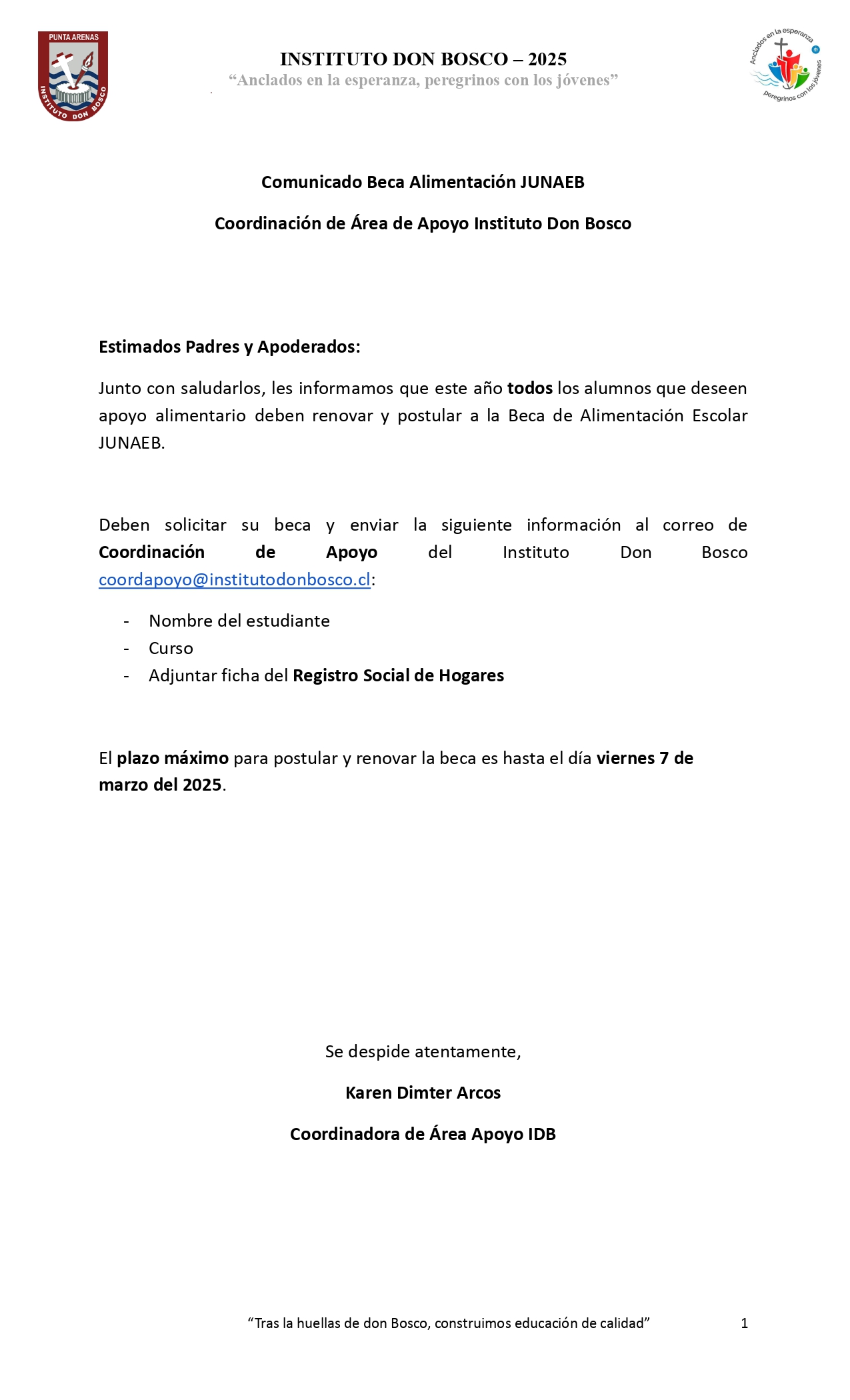 Comunicado JUNAEB beca alimentaci